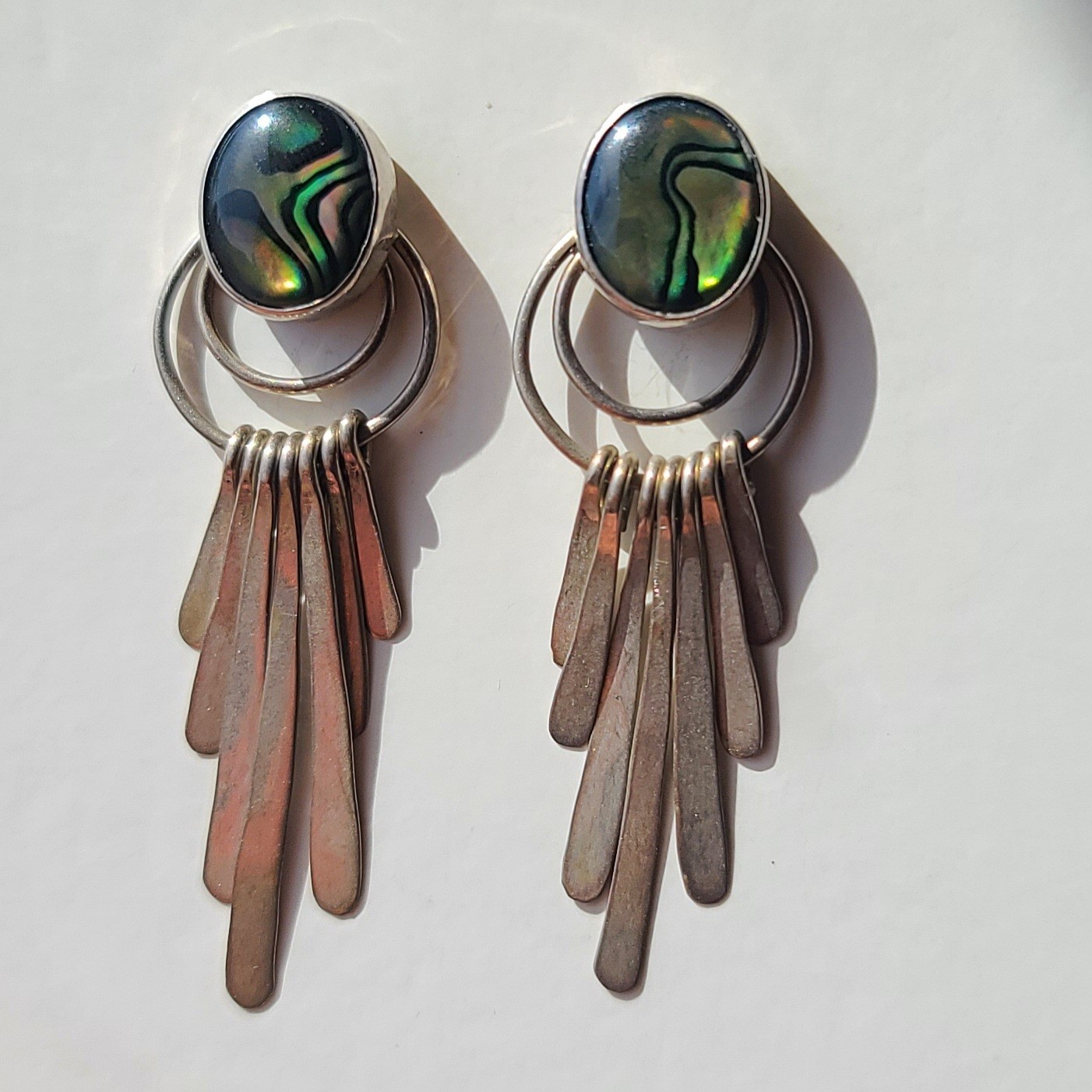 Vintage Sterling Silver Paua Shell Fan Dangle Stud Earrings Southwestern Style
