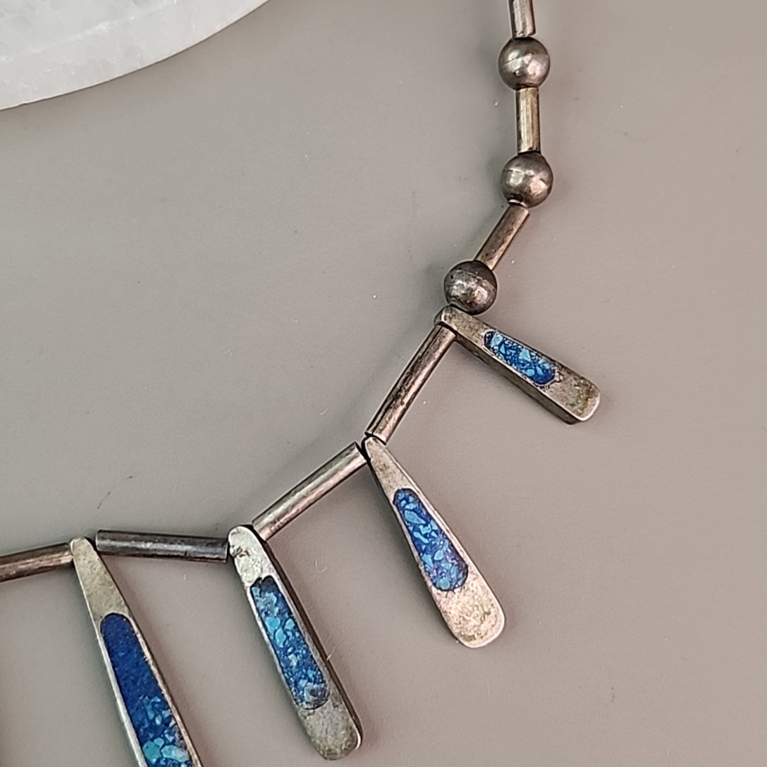 Vintage Mexican Necklace Sterling Silver Turquoise Chip Inlay Fringe Eagle 2
