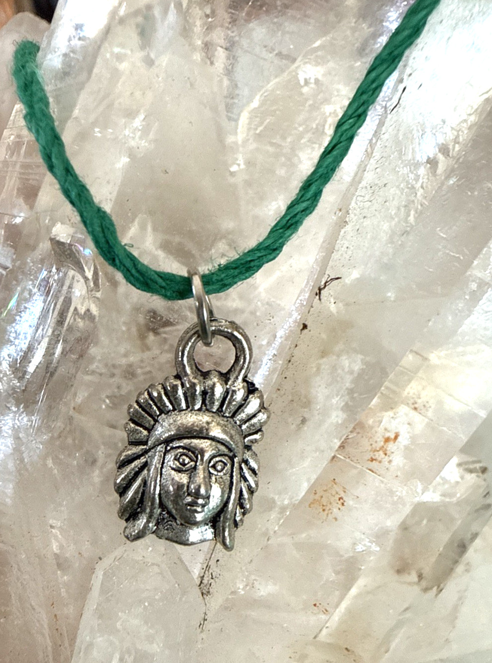 NATIVE AMERICAN INDIAN CHARM Dainty Green Hemp Cord Boho Tibetan Silver Tone