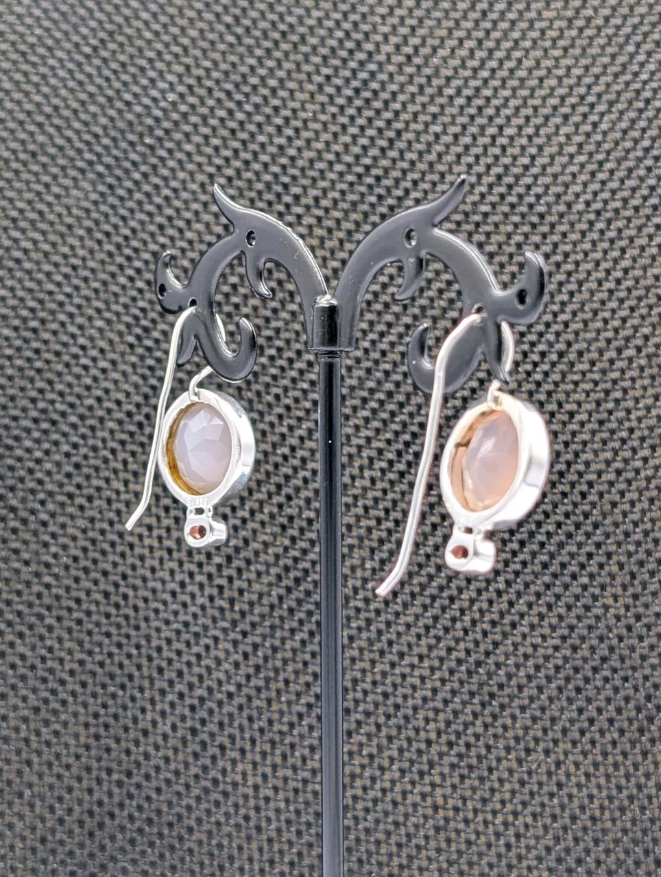 ISJ Vtg Sterling Silver Round Rose Quartz & Oval Garnet Hook Dangle 925 Earrings