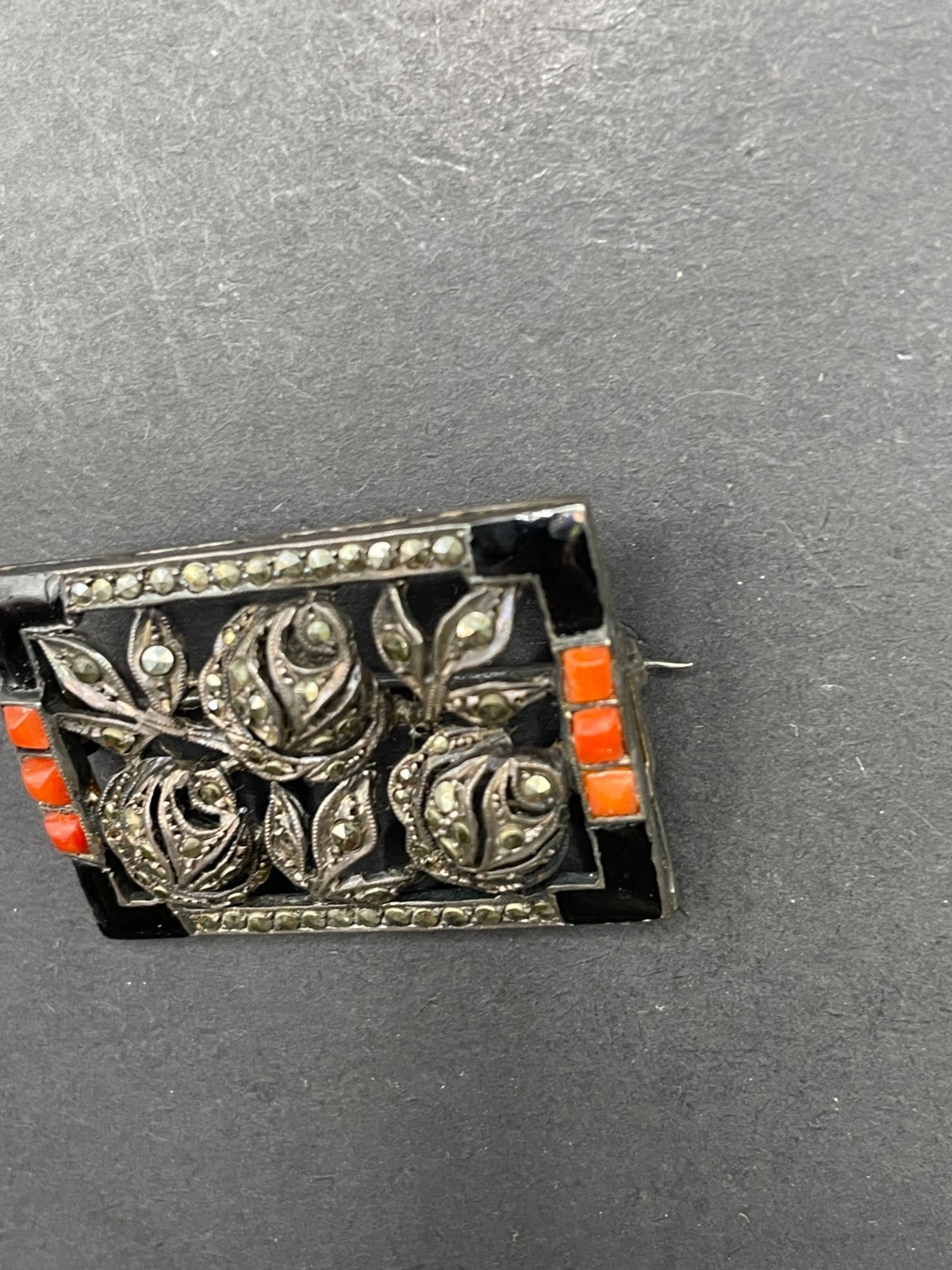 Vintage Floral Sterling Onyx & Coral Brooch/Pin