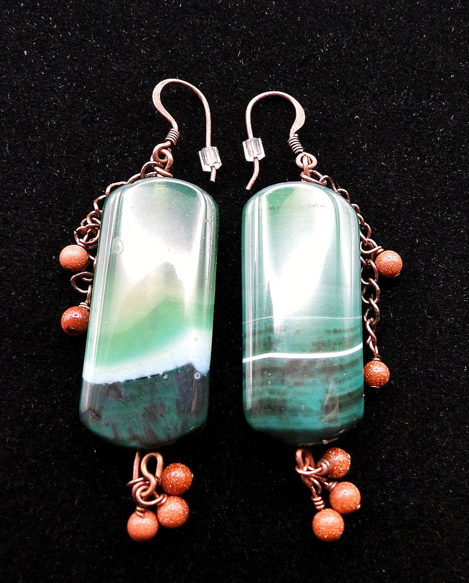 Handmade Copper Wire, Green Moss Agate with Goldstone Accent Beads Hook Earrings