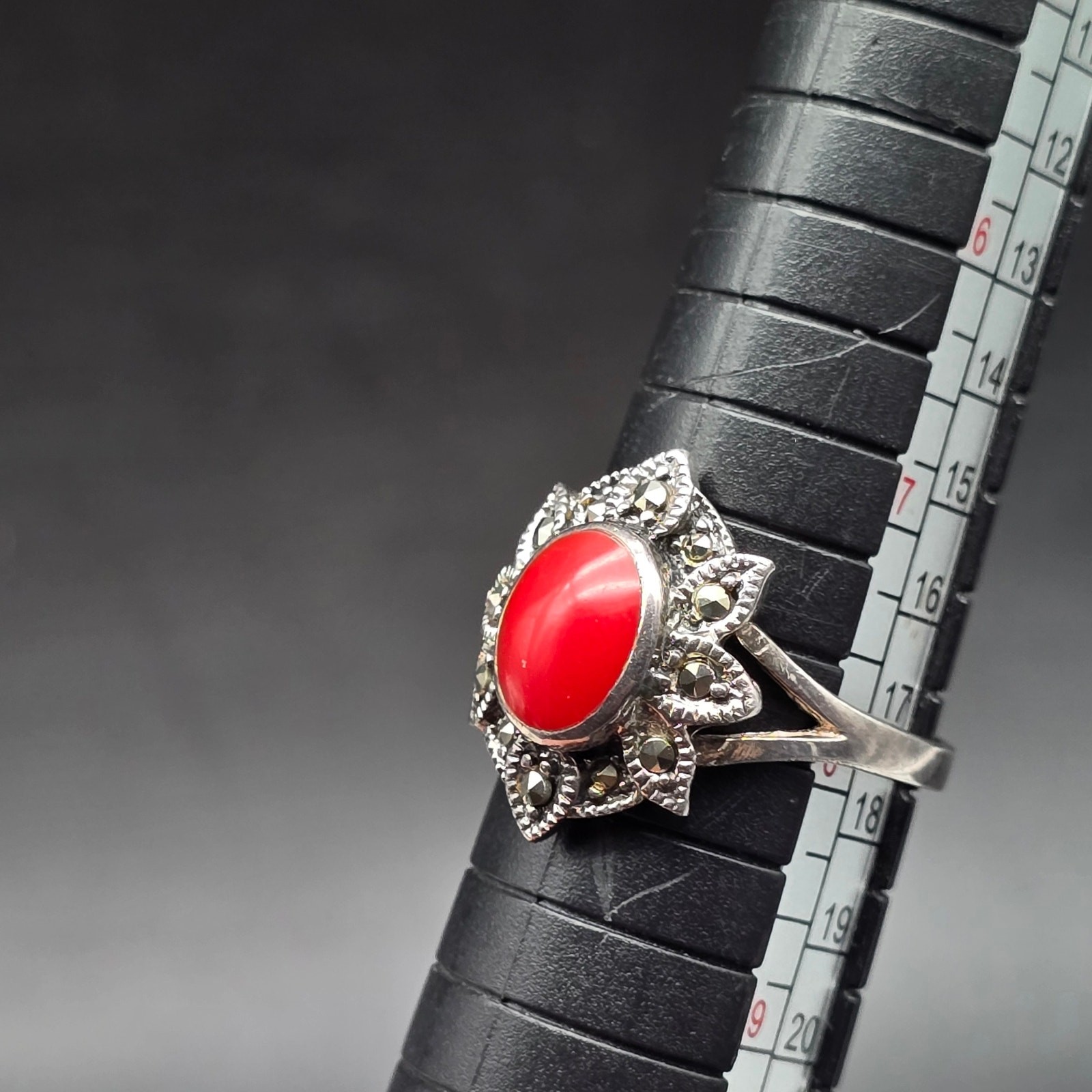 Sterling Silver Red Coral Marcasite Ring Size 7.75 925 Vintage