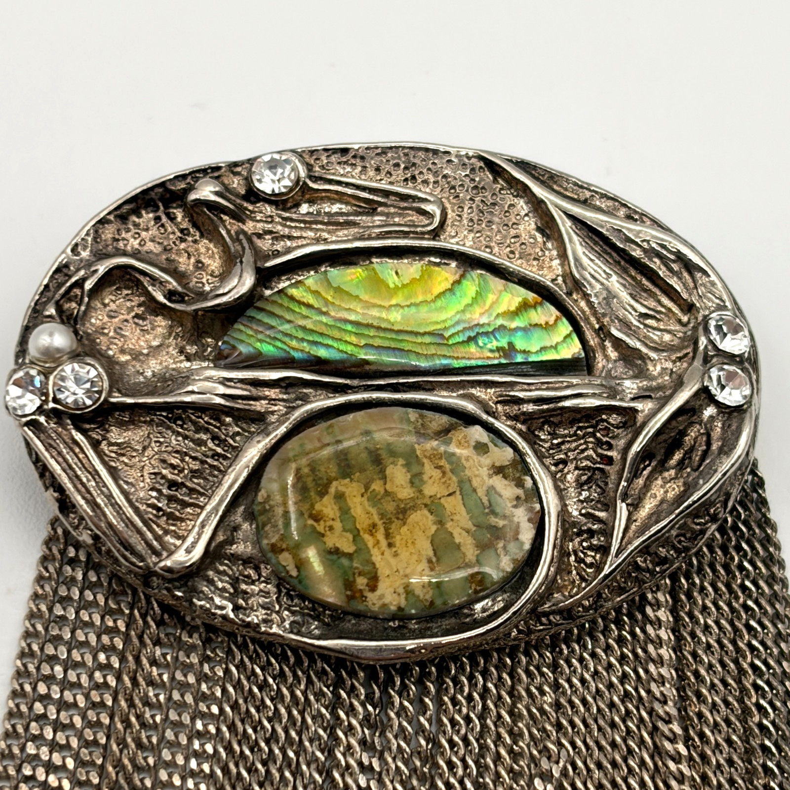 Vintage Modernist Art Nouveau Abalone Shell Waterfall Brooch Pin Fringe Chain