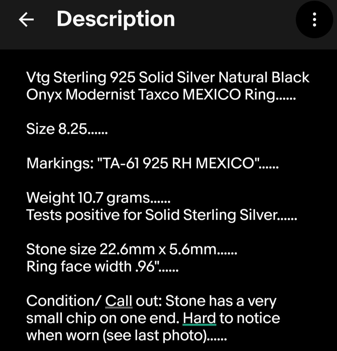 Vtg Sterling 925 Solid Silver Black Onyx Modernist Taxco MEX Ring 8.25sz Signed