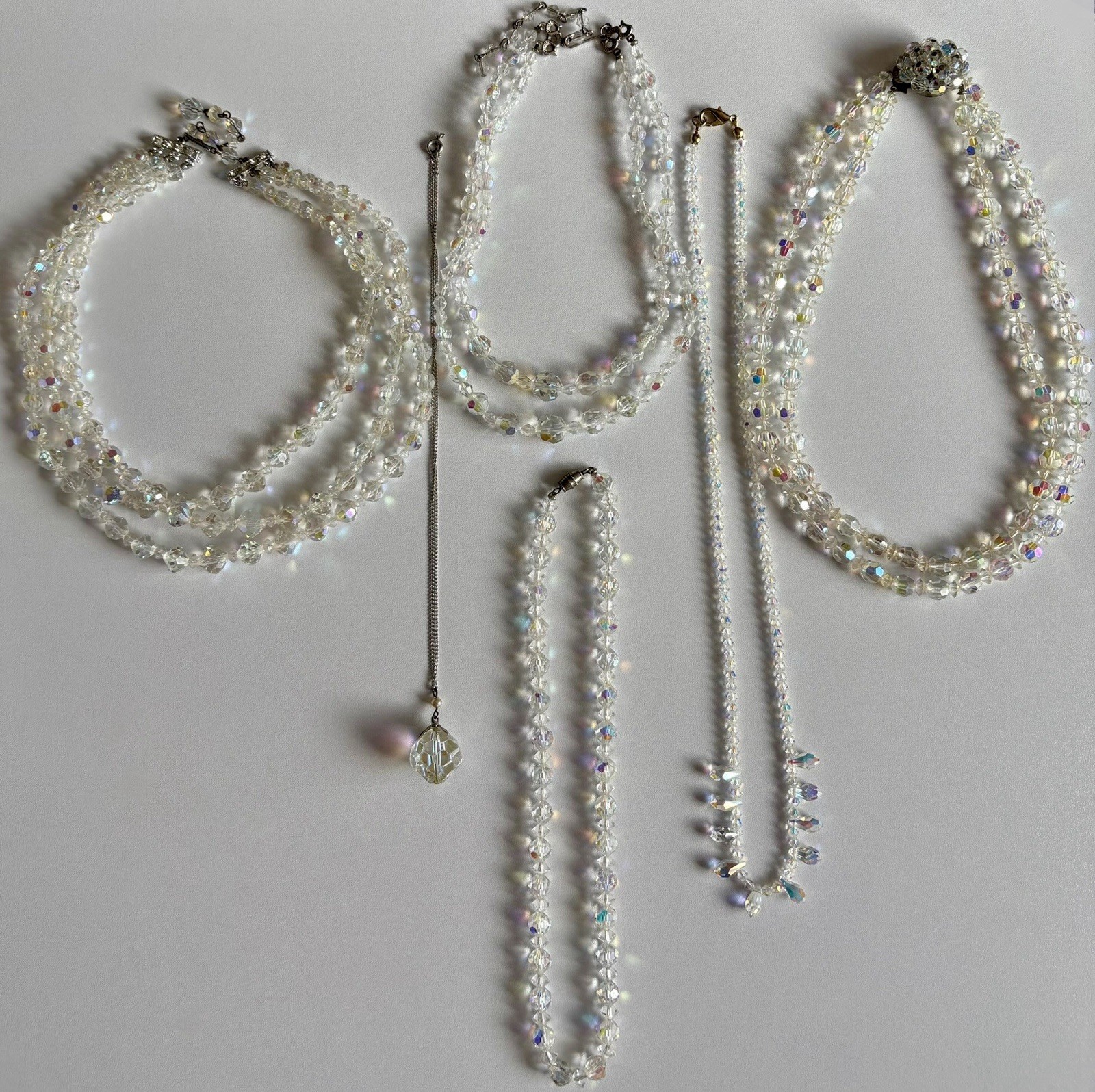 Vintage Crystal Aurora Borealis Necklace Bracelet Earrings Brooch Pin Ring Lot