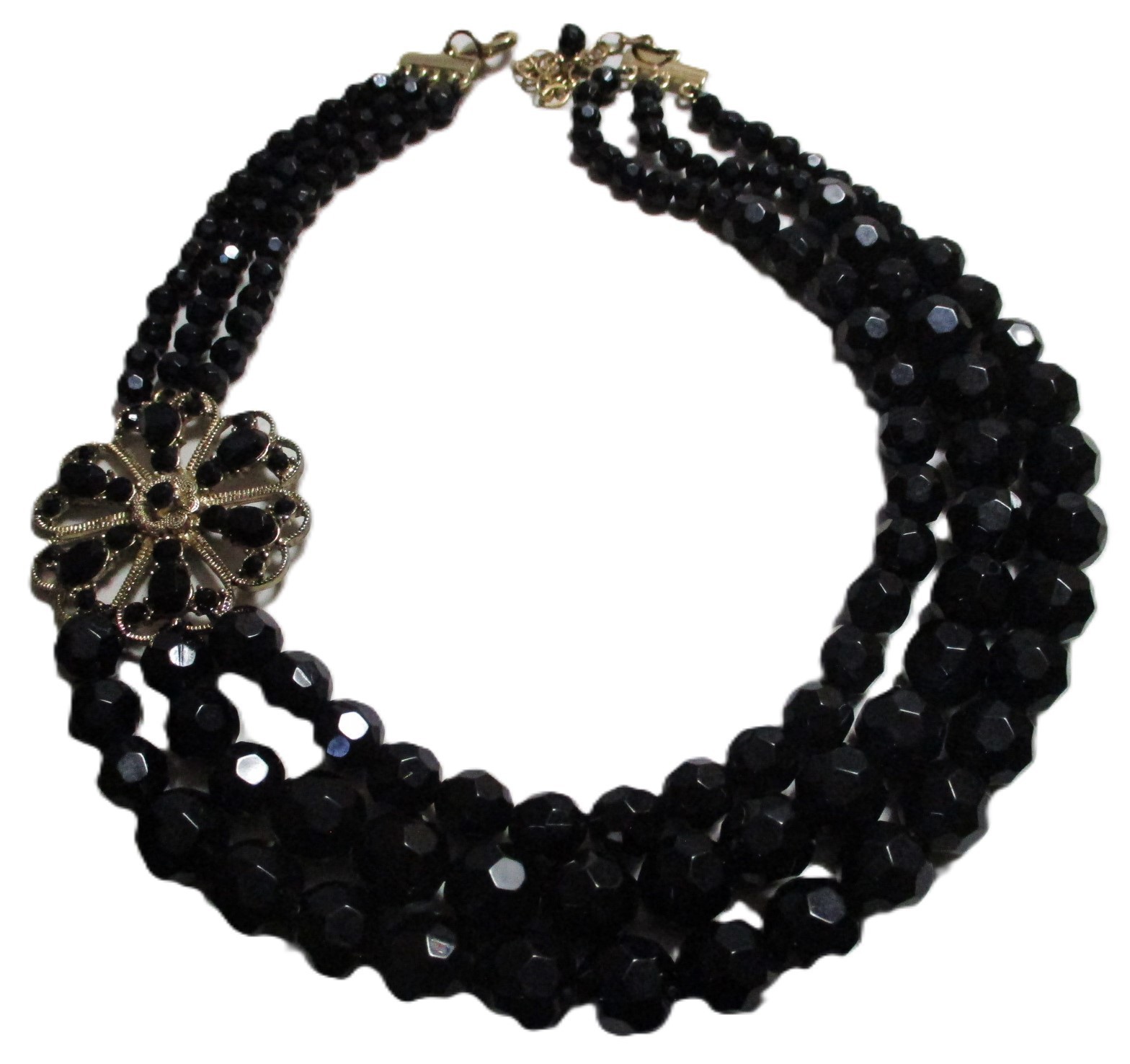 VINTAGE 1960s VICTORIAN REVIVAL BLACK MOURNING NECKLACE, FLOWER W/ HEART PETALS