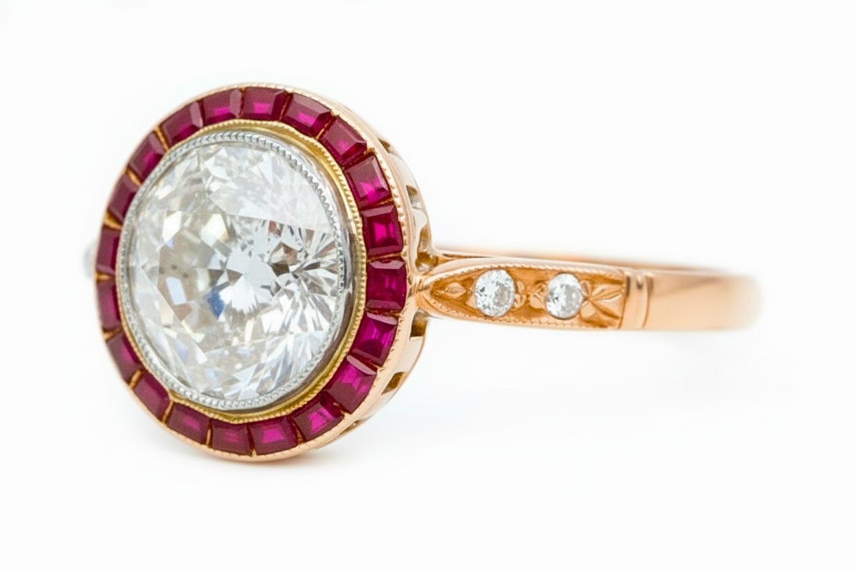 ART DECO GENUINE 1.20 Cts DIAMOND & RUBY ENGAGEMENT RING 18K ROSE SOLID GOLD