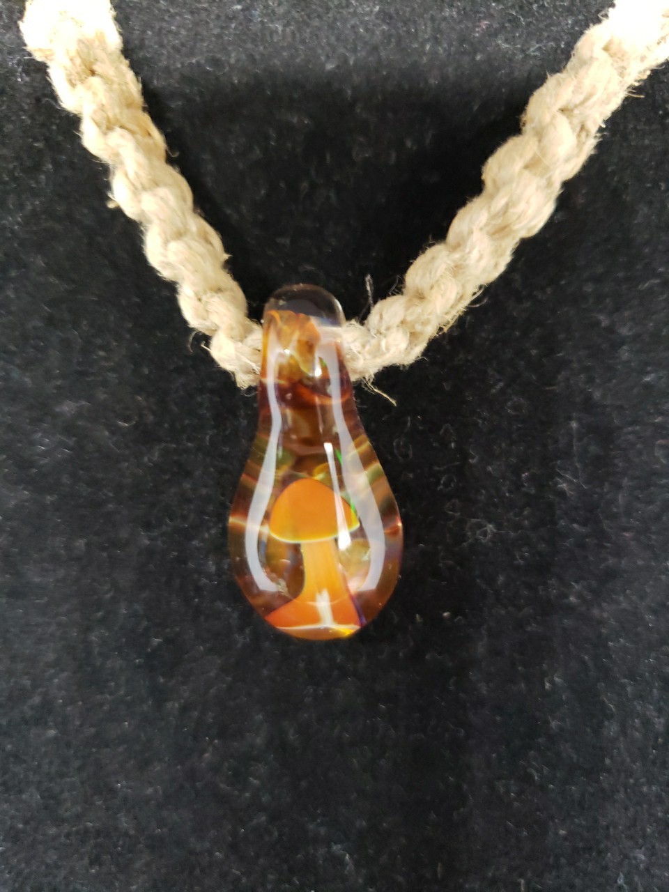 Vintage Blown Glass Hippie Mushroom Pendant Hemp Rope Necklace BOHO 15″Tie Back