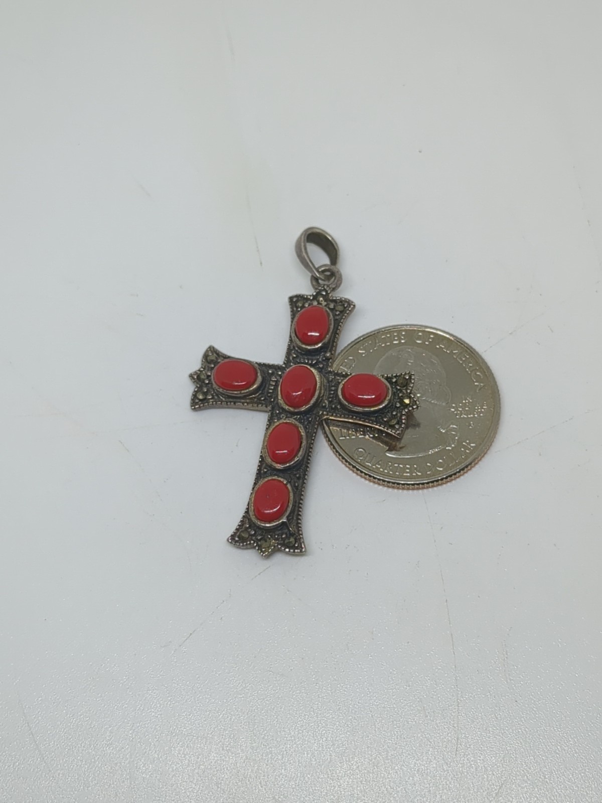 Vintage Sterling Silver 925 Southwestern Red Coral Marcasite Cross Pendant