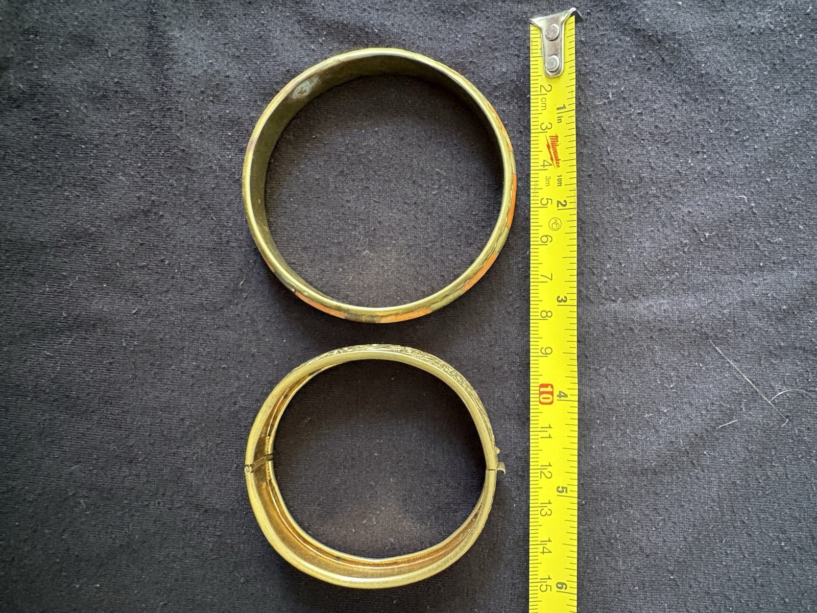 Vintage Lot of 2 Gold Floral Engraved Hinged (1) Brass Bangle Bracelets