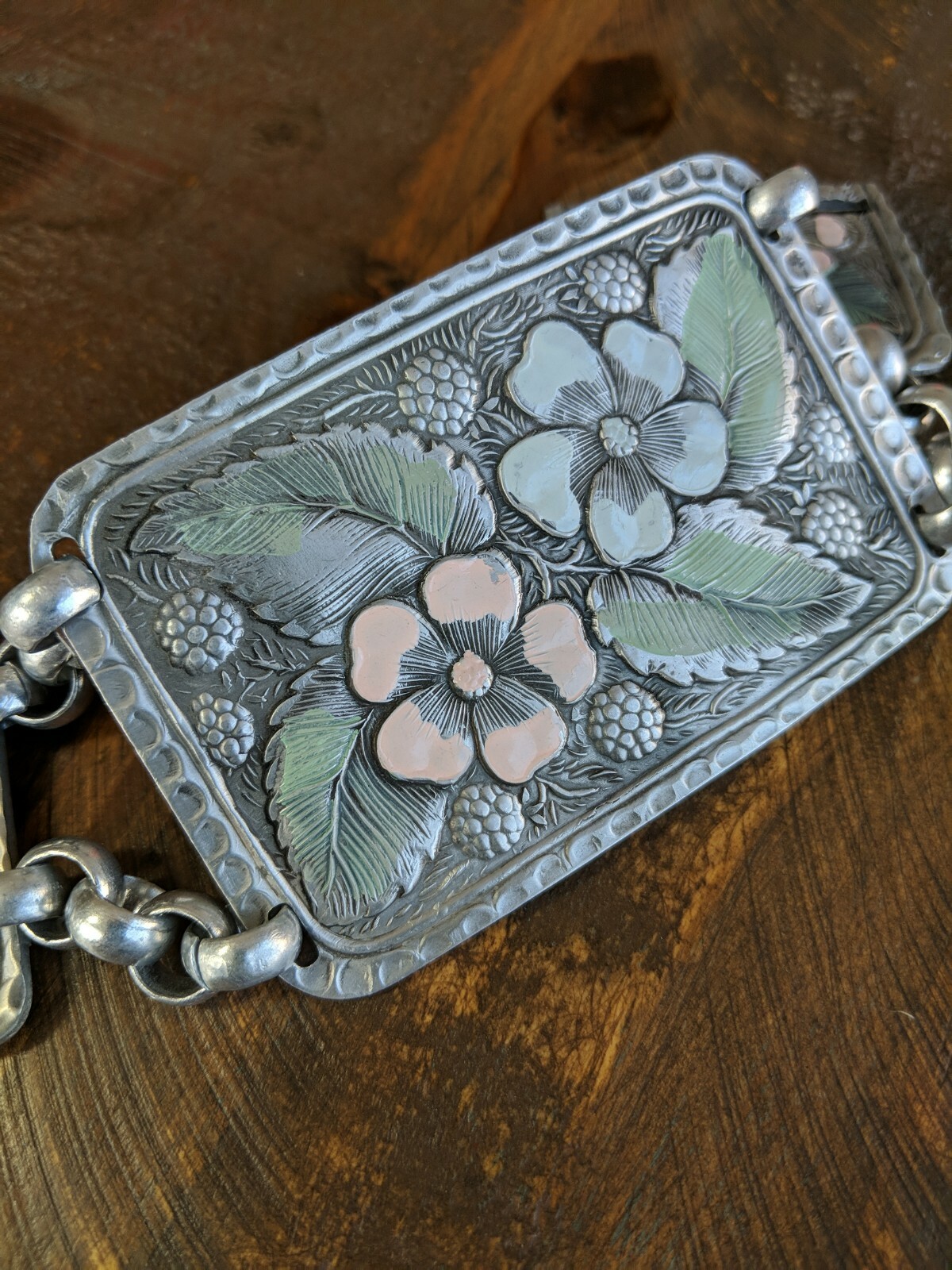 1940s Hammered Aluminum Arts&Crafts Belt Extension? Dogwood Raspberries Enamaled