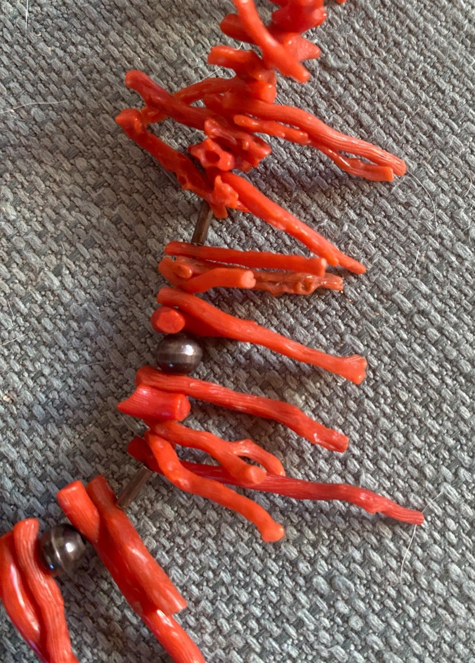 Vintage 1970’s Natural Branch Red Coral Necklace w Silver? Metal Beads 18″