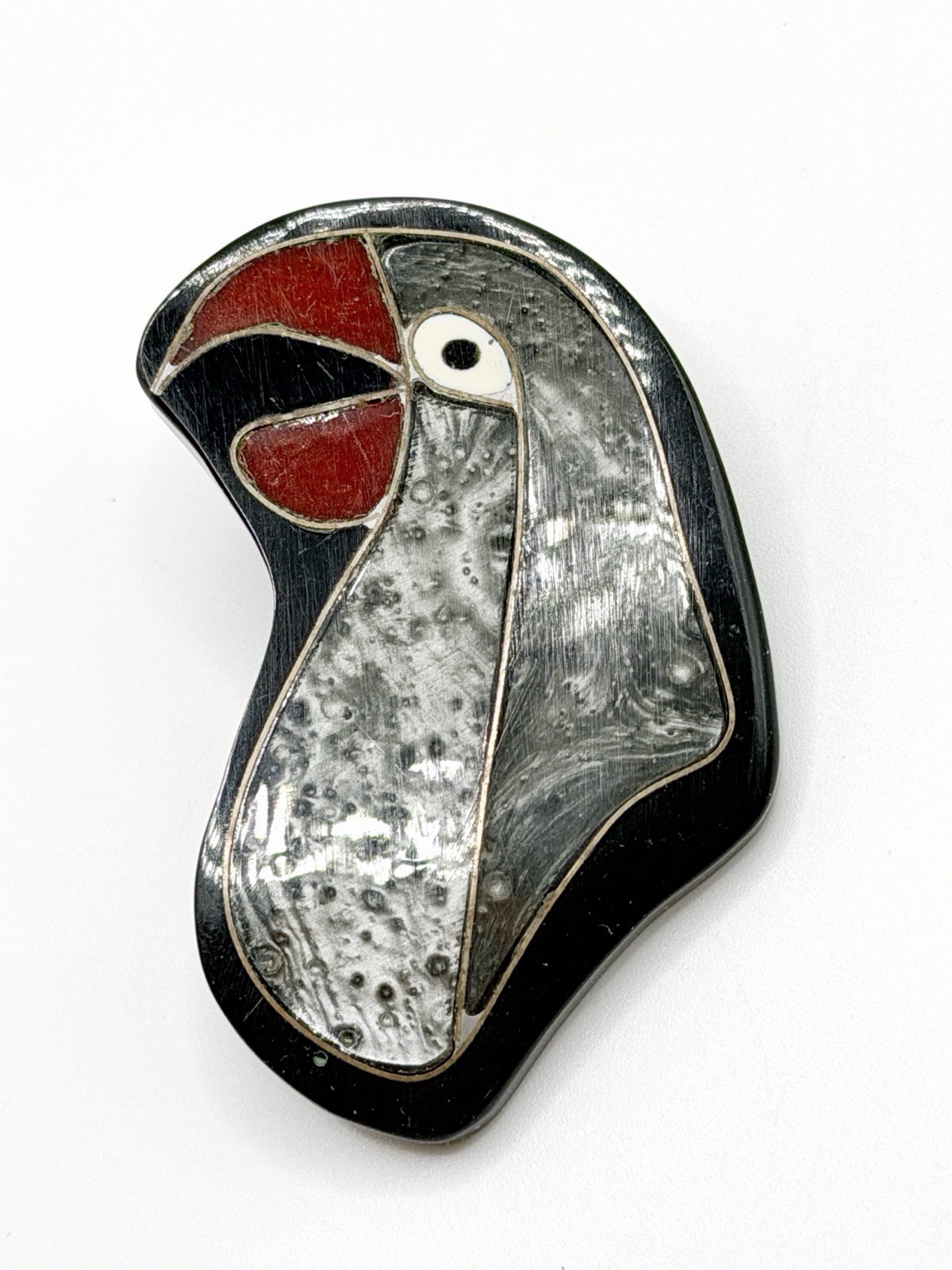 Handcrafted Inlaid Resin? Toucan Bird Parrot Pin Brooch Black, Gray, Red