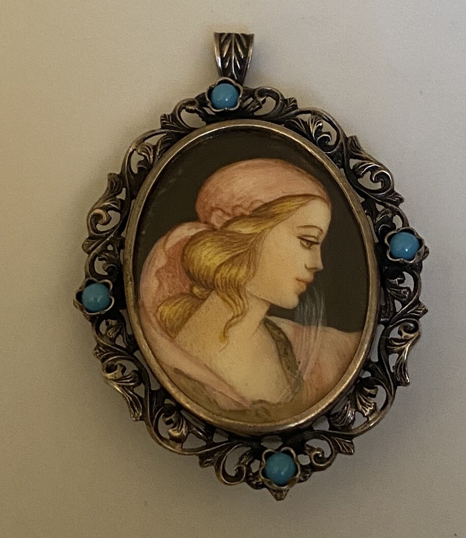 Vintage 800 Silver Filigree Blue Glass Hand Painted Portrait Brooch or Pendant