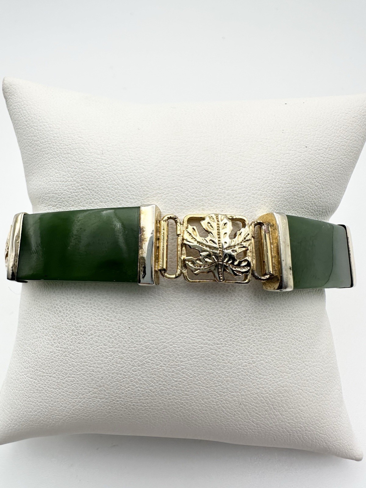 Vintage Gold Over Sterling Silver Natural Nephrite Jade Maple Leaf Bracelet 7.75