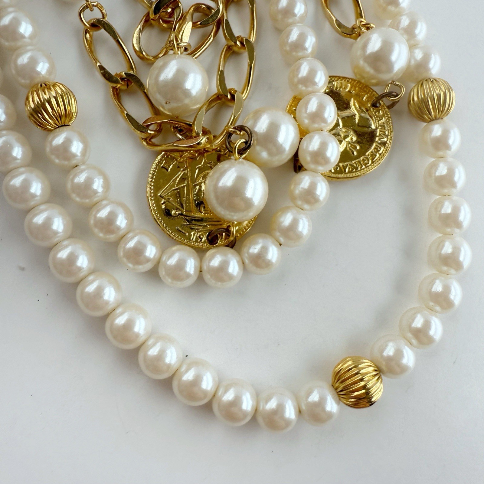 Vintage Marvella Double Strand Faux Pearl Coin Chain Link Goldtone Necklace 30”