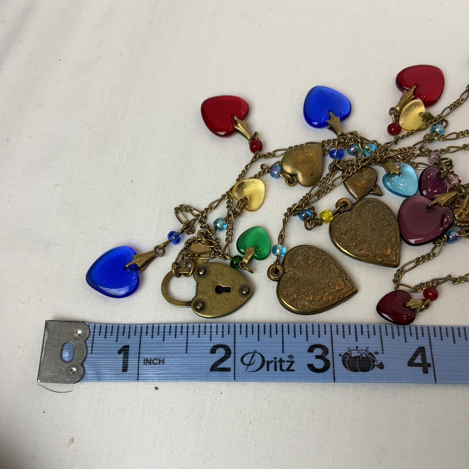 VTG Glass Works Studio G.W.S Signed Multi Color Glass Hearts Charm Long Necklace