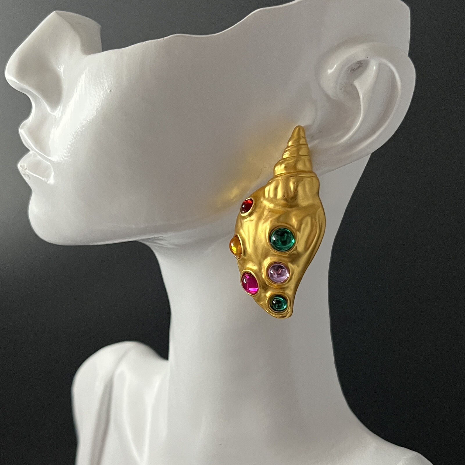 Matte Gold Seashell Conch Shell Earrings Mogul Cabochon Pierced Statement Bold