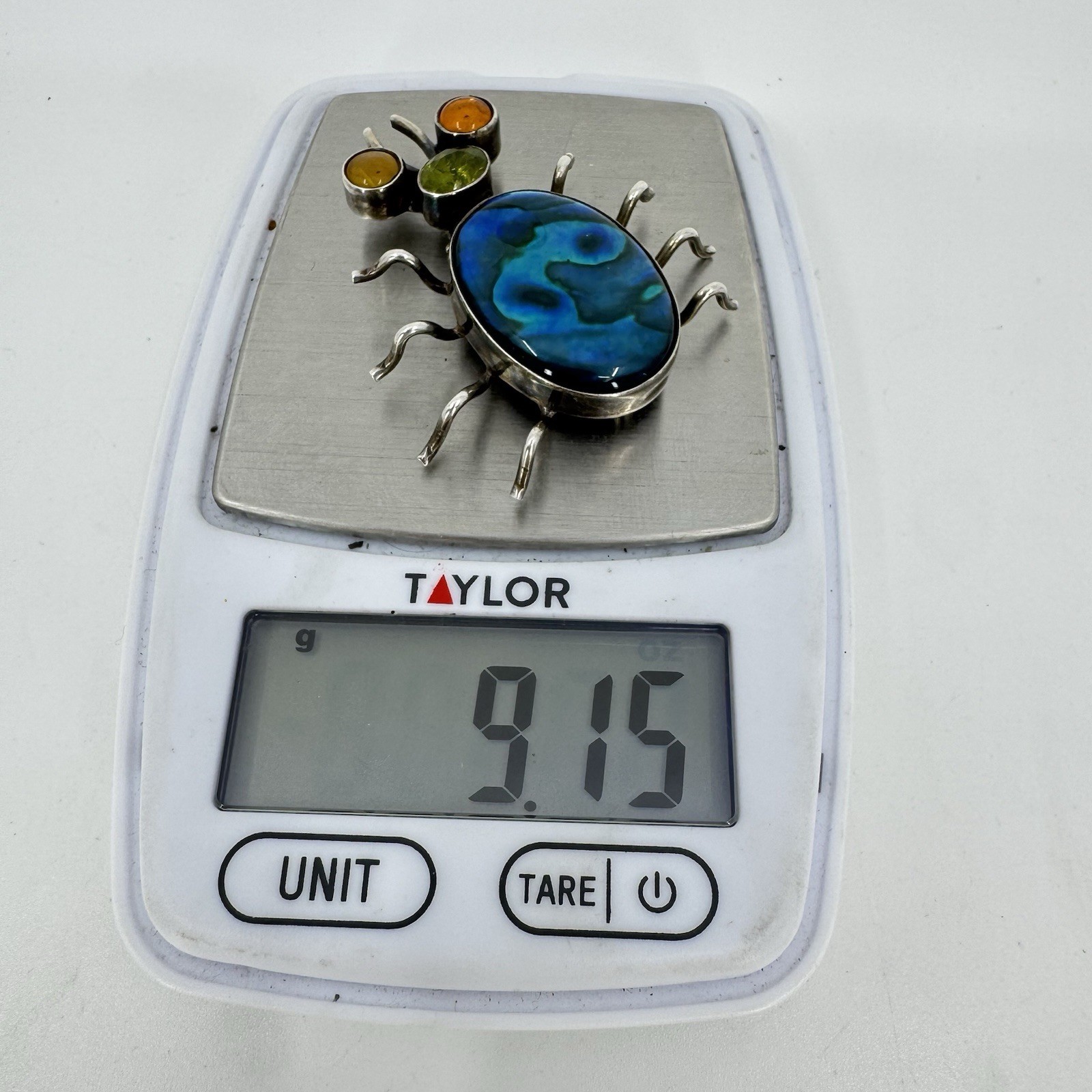 Sterling Silver Multi Stone Paua Abalone Shell Peridot Amber Bug Brooch Pin