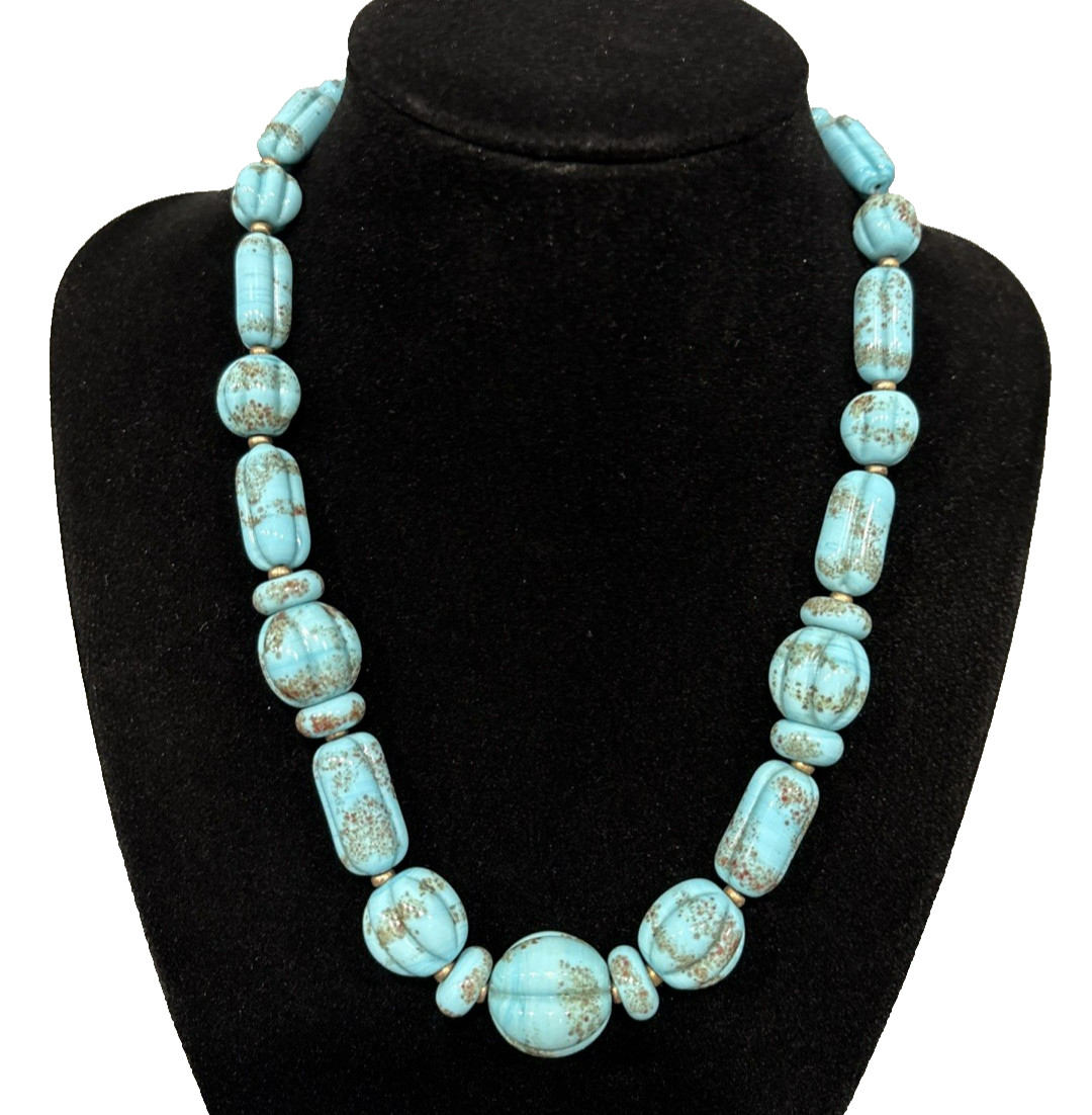 Antique Faux Turquoise Slag Glass Bead Beaded 16 1/2″ Necklace Textured Beads