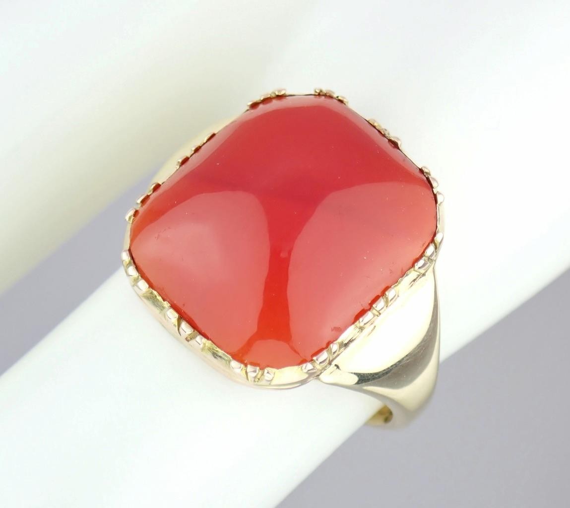 Glowing Antique Victorian DEAKIN & FRANCIS 9K Gold Carnelian Sugarloaf Ring Sz 7