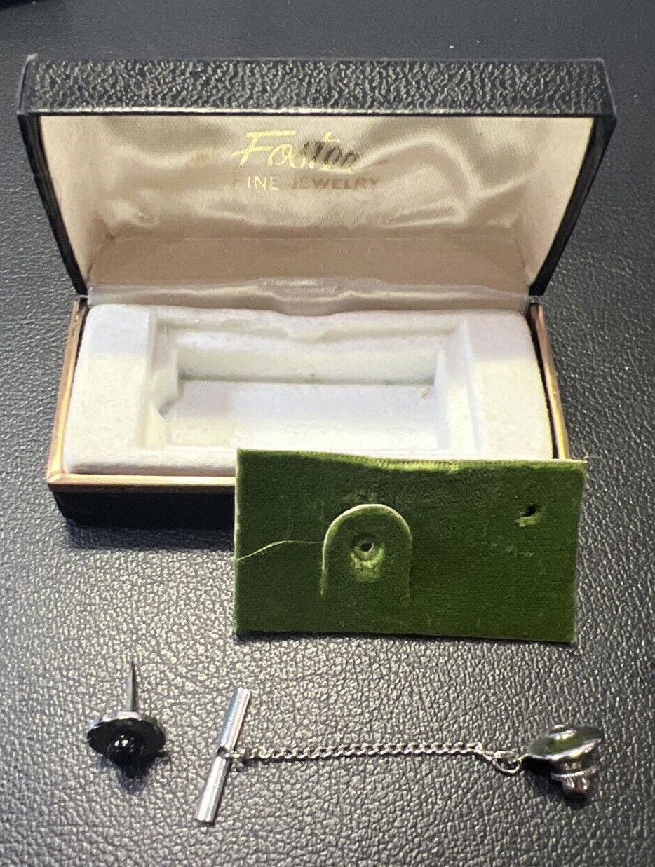 Vintage Foster Black Onyx Round 5mm Tie Tack Pin with Chain