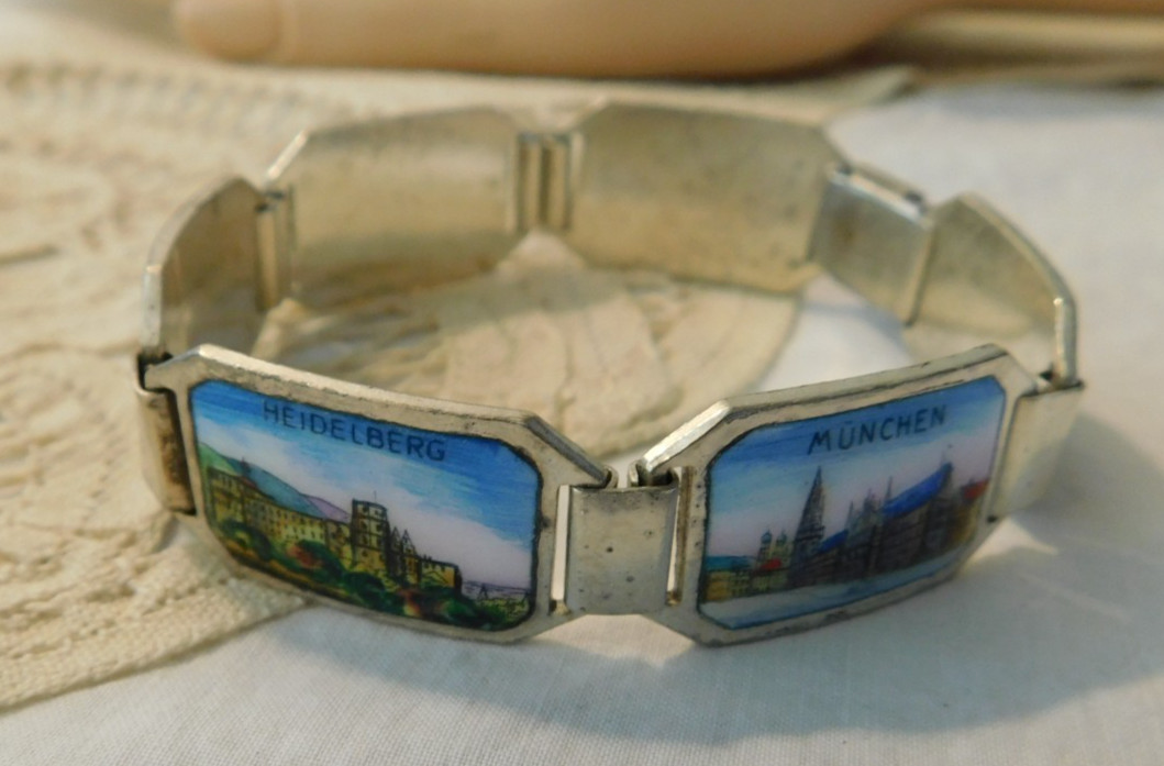 German Vintage Souvenir Panel Travel Bracelet Silver Enamel Munchen Frankfurt