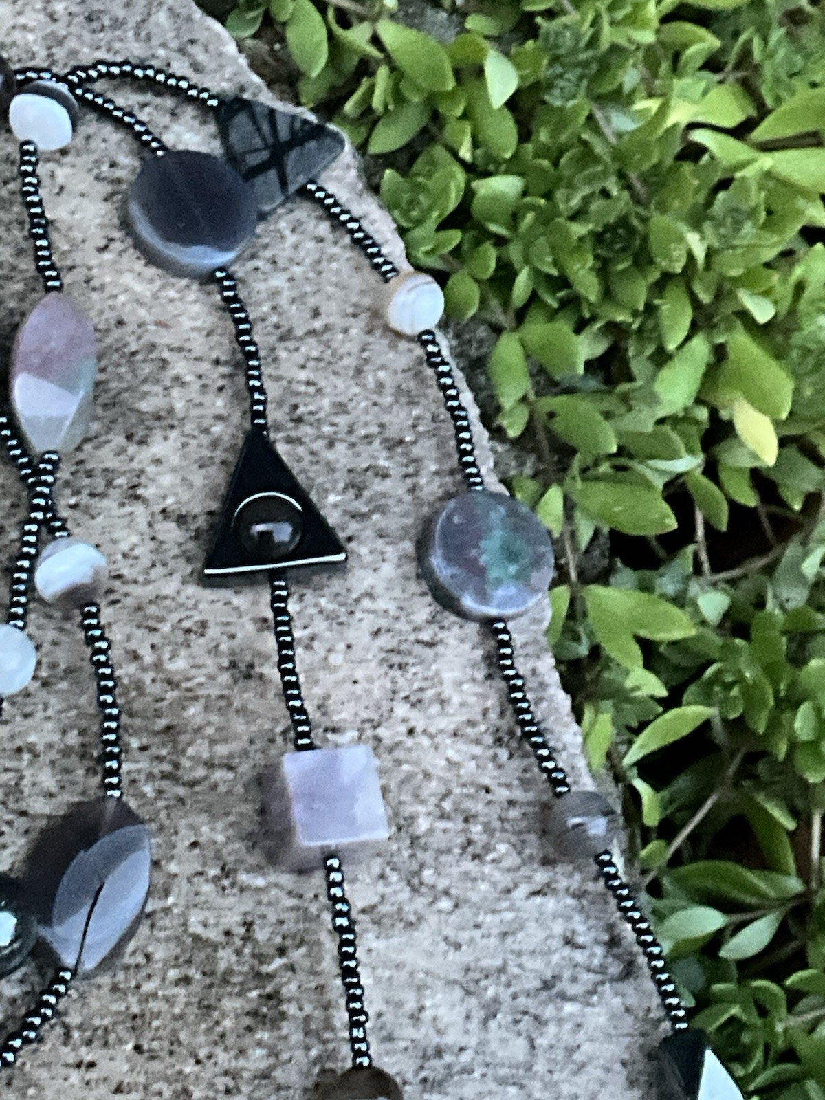 Vintage Gray Black Stone Modernist Bead Necklace Jewelry