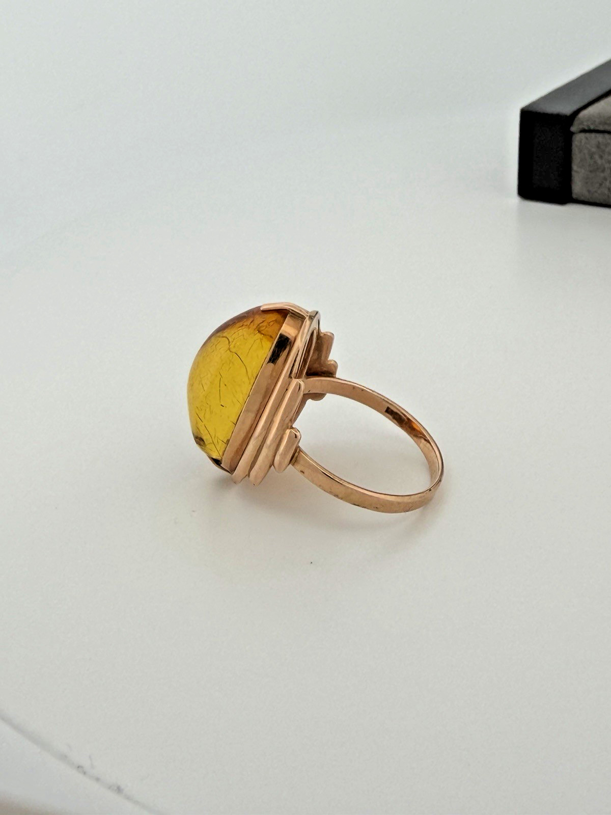 Vintage Russia 14K 585 Rose Pink Gold Honey Amber Earrings And Ring Set