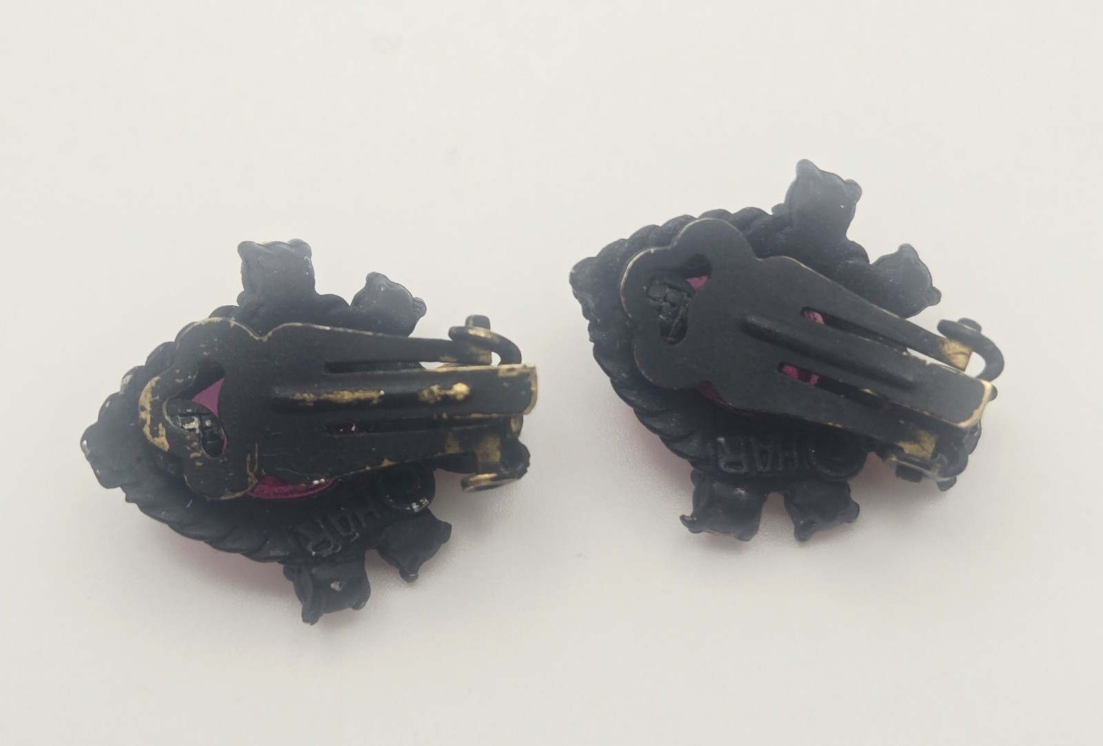 Vintage HAR Fuchsia Red Purple Rhinestone Clip On Earrings