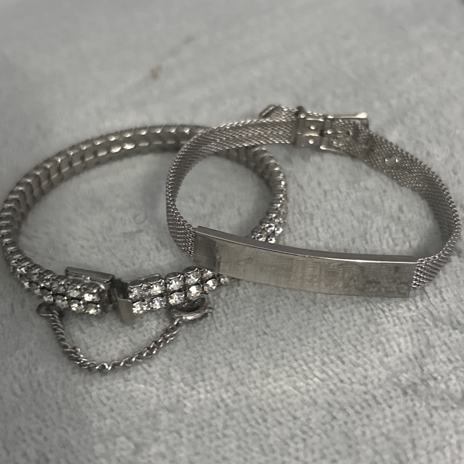 Vintage Bracelet Set Mesh ID Bucket Rhinestone Silver Tone Safety Clasp