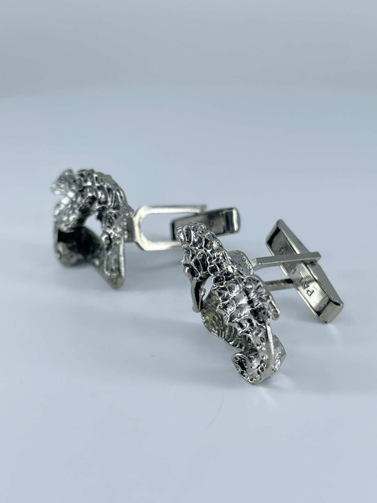 Vintage Seahorse cufflinks silver tone with black enamel accents 1-1/8″