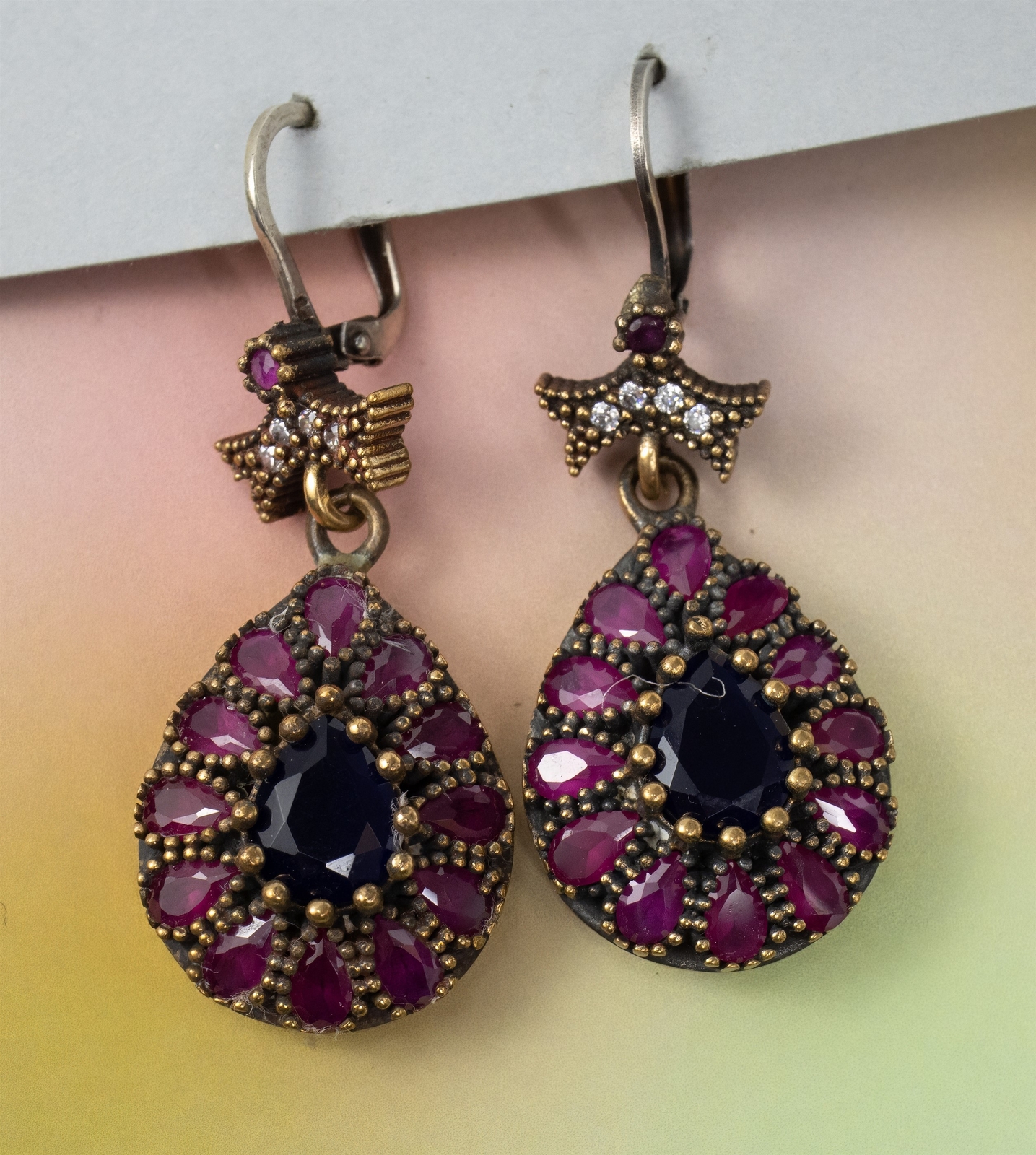 Lab Created Sapphire & Ruby Pear Drops Vintage Sterling Silver Earrings 15.9g