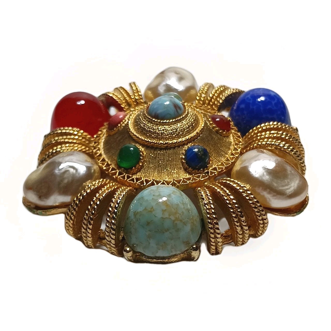 Brooch Ruby Sapphire Turquoise Cobochons Baroque Faux Pearls GT Vintage Signed