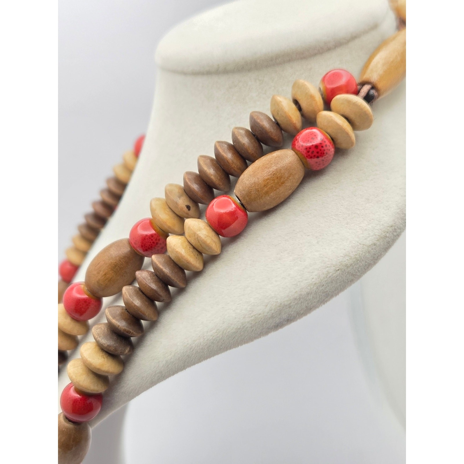 Vintage Multi-Strand Wood & Ceramic Bead Statement Necklace – 20” Boho