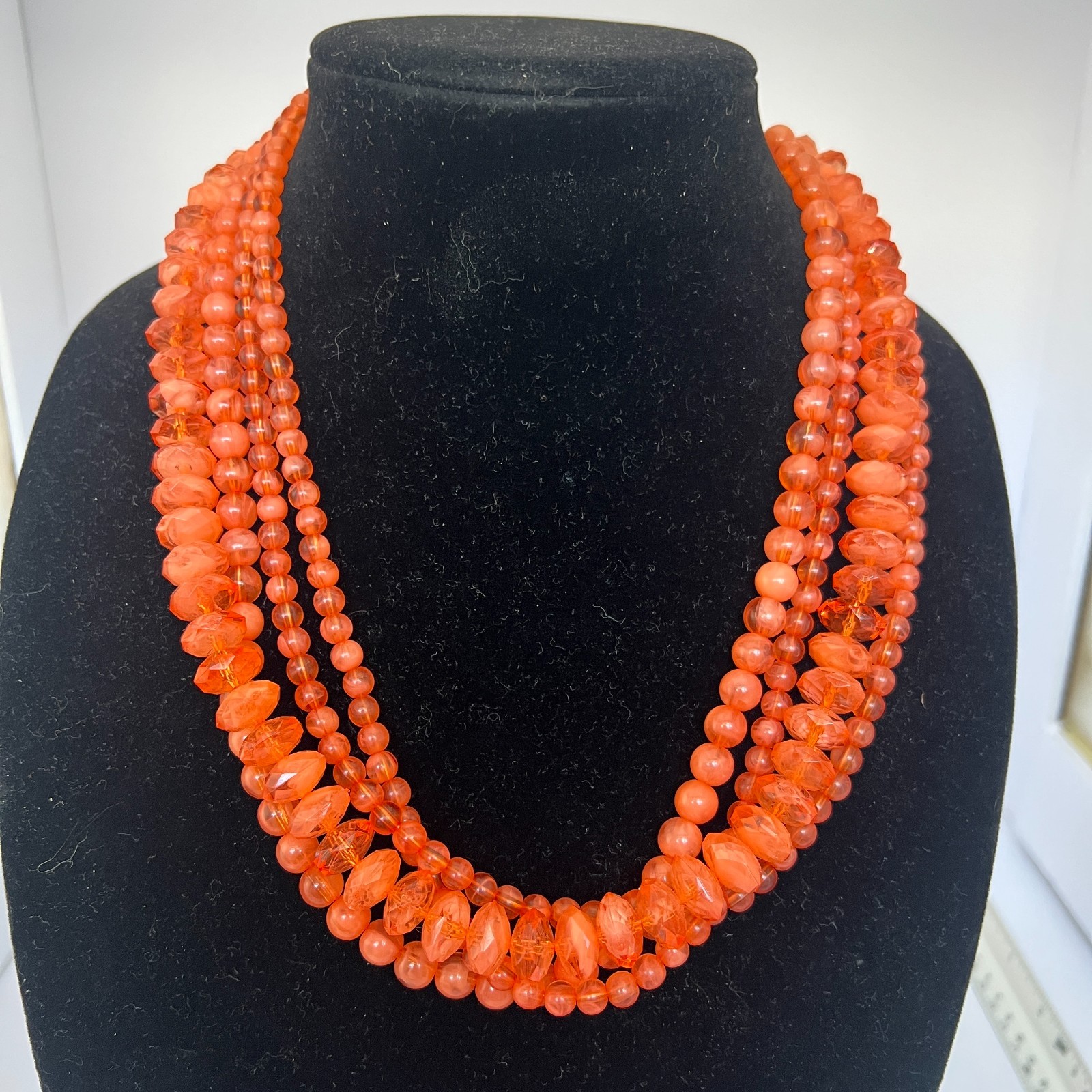 VTG Multi-Strand Orange Beaded Necklace Faceted Acrylic 20″ 4 Strands Adjustable