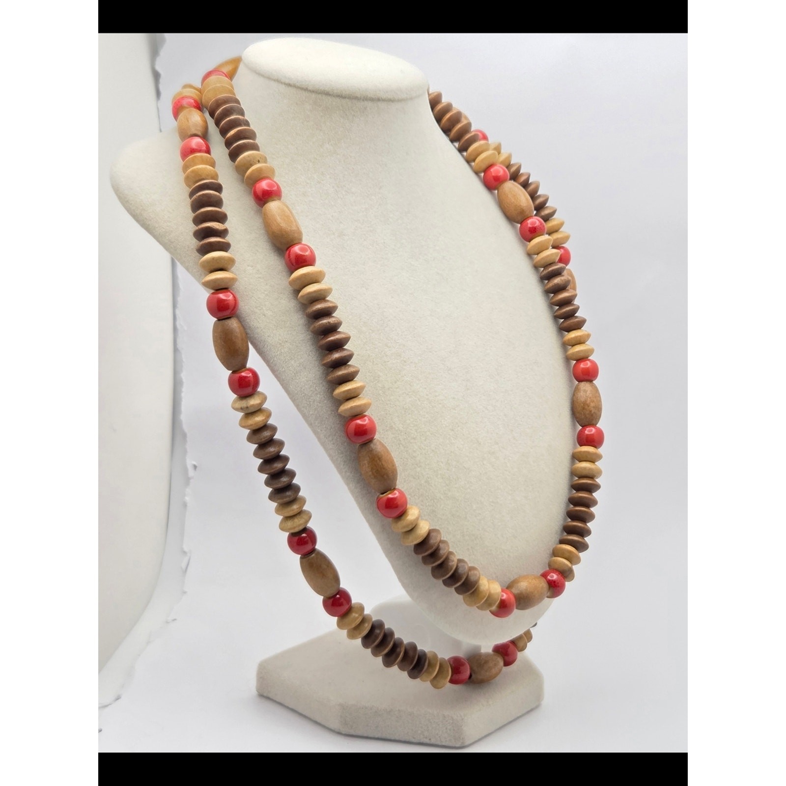 Vintage Multi-Strand Wood & Ceramic Bead Statement Necklace – 20” Boho
