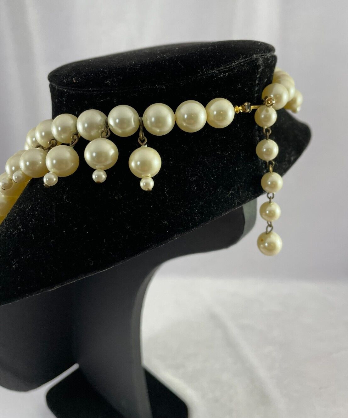Vtg MARVELLA Fringe Bib Collar Faux Pearl Black Faceted Crystal Choker Necklace