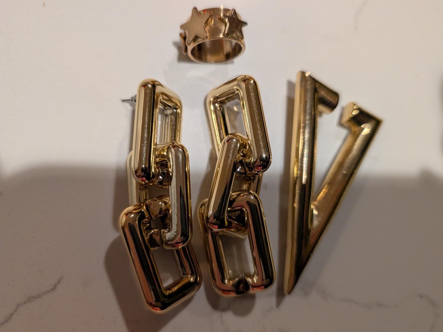 Beautiful Set of Geometric Brooch, Chain Link Drop Earrings and Ring with Stars