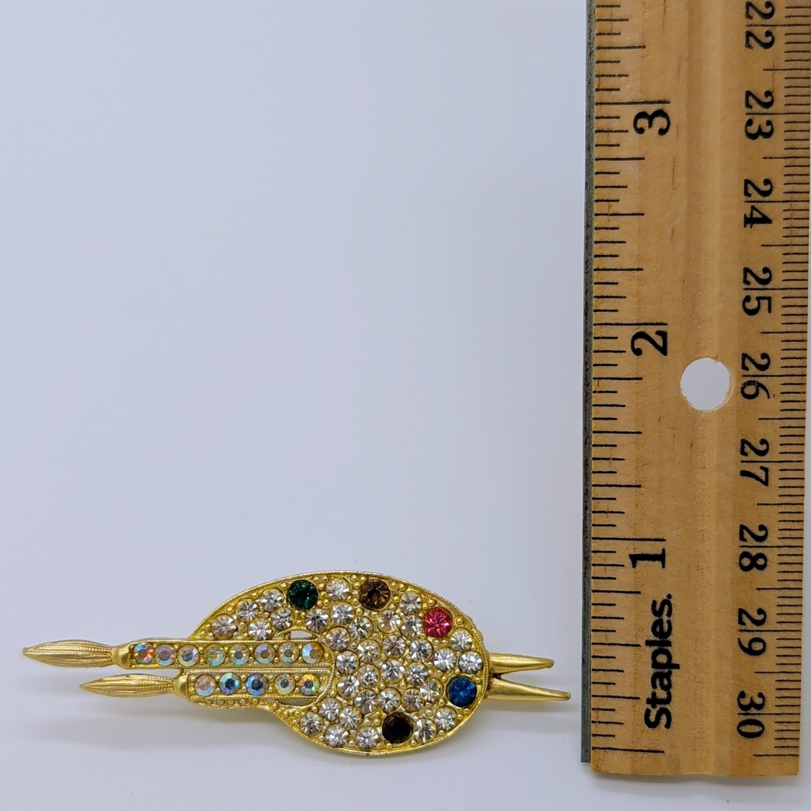 Vintage Artist Palette Brooch Paintbrush Rhinestone Multicolor AB Gold Tone Pin