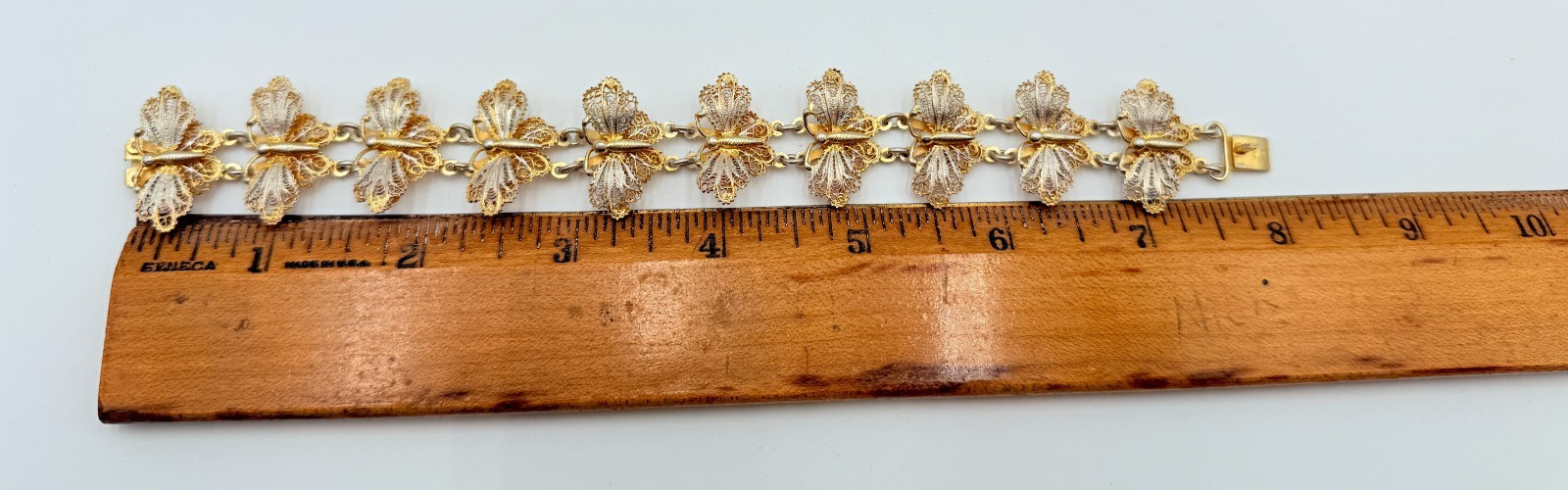 Antique 800 Silver Gold Wash Butterfly Filigree Link Bracelet & Clip On Earrings