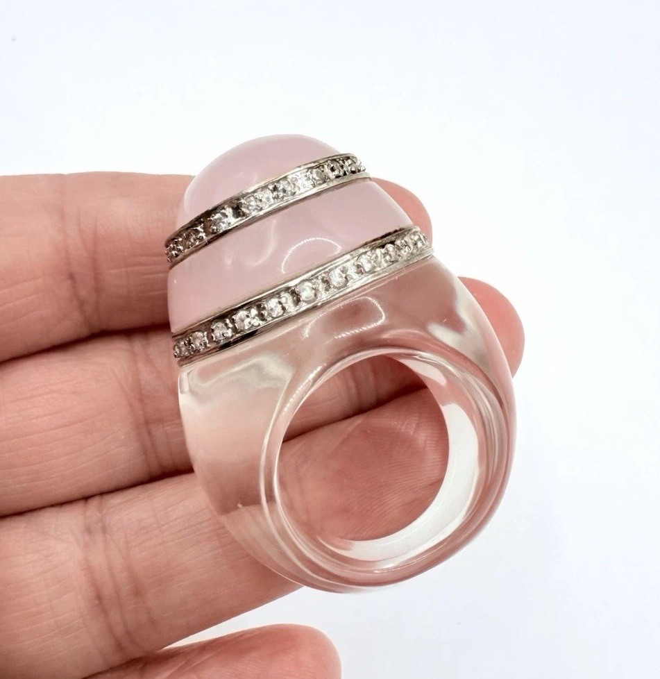 Enormous Rose Quartz White Sapphire Glass Statement Ring Sz 8 Vintage Jewelry