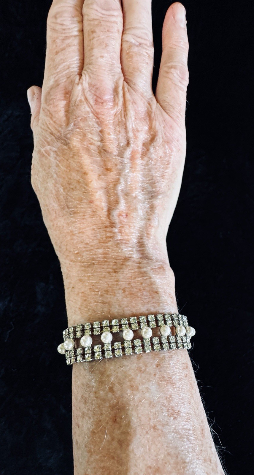 Vintage Multi Strand Clear Round Rhinestones and Faux Pearls Bracelet Box Clasp