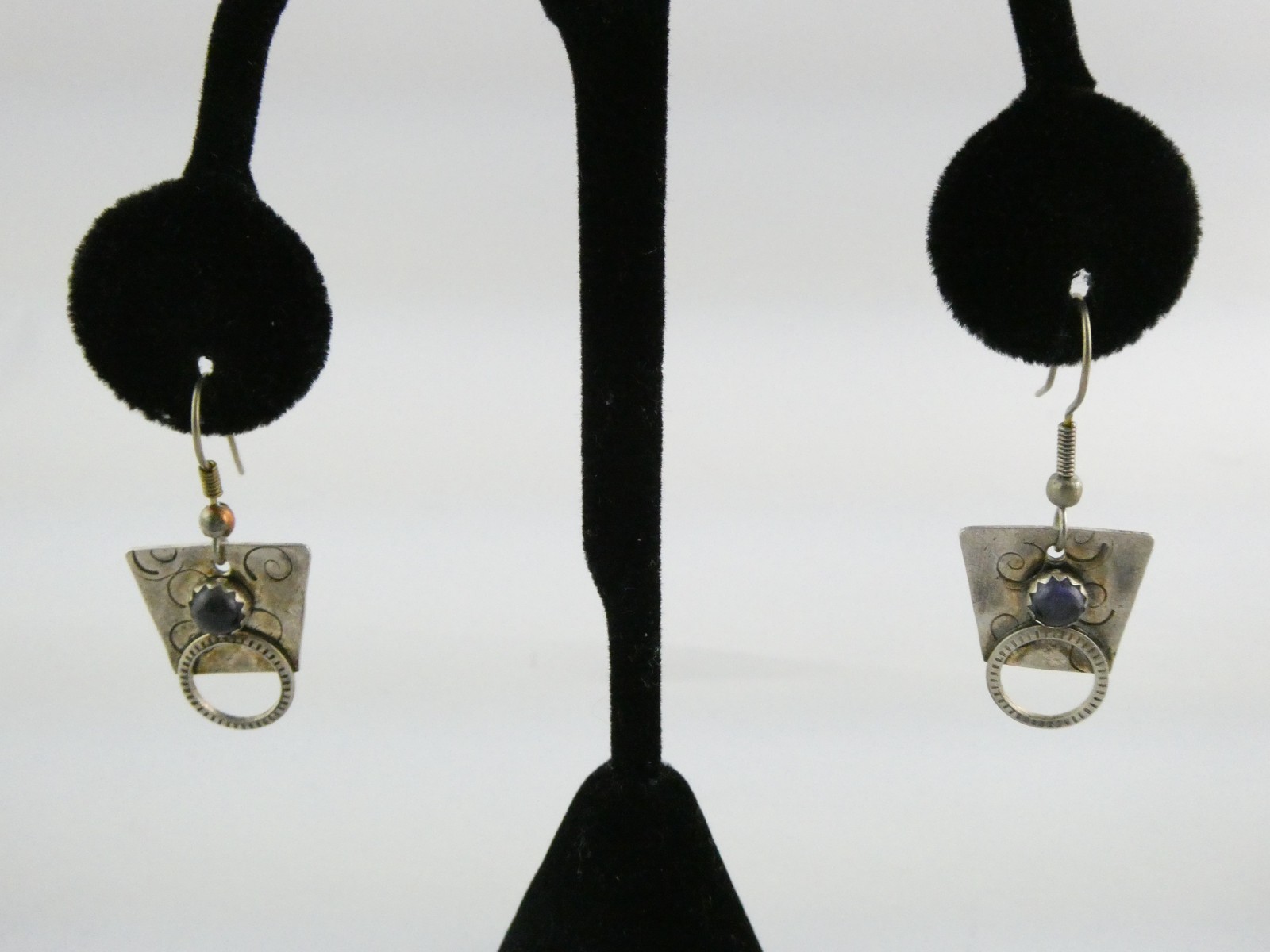 Vintage Sterling Silver Artisan Mixed Metals Iolite Hook Earrings 4.3g 1.25 Inch