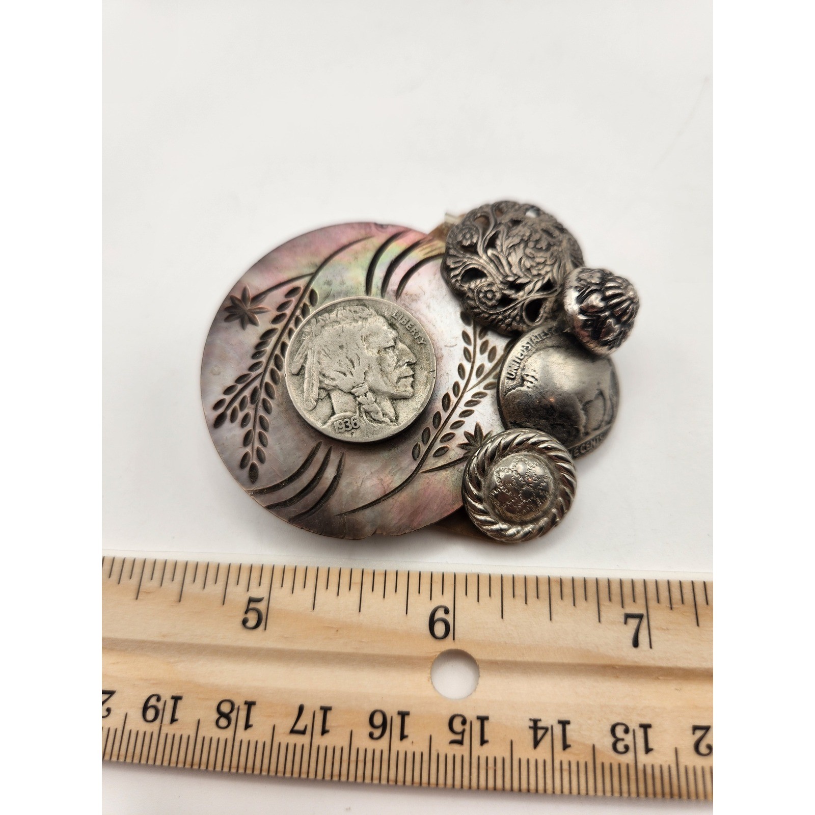 Vintage 1936 Buffalo Nickel Abalone Shell Mixed Media Signed Wood Heart Brooch