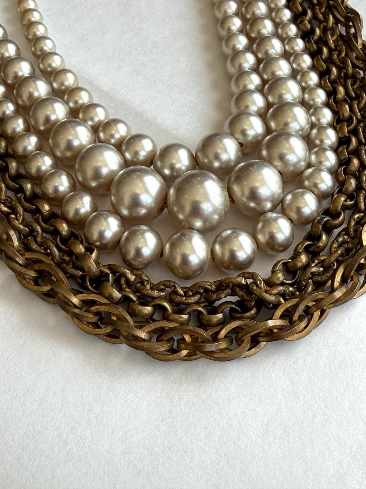 Miriam Haskell Vintage Signed 3-Strand Glass Pearl and Gold Chain Link Necklace
