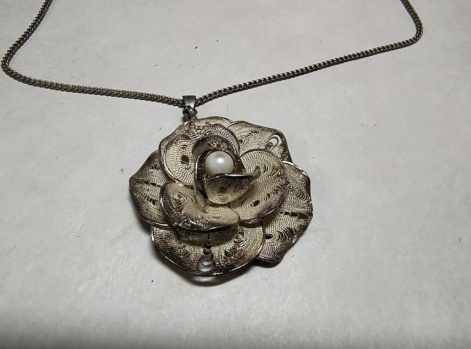 Vintage Sterling Silver Cannetille Filigree Flower Pendant + .925 Chain Necklace