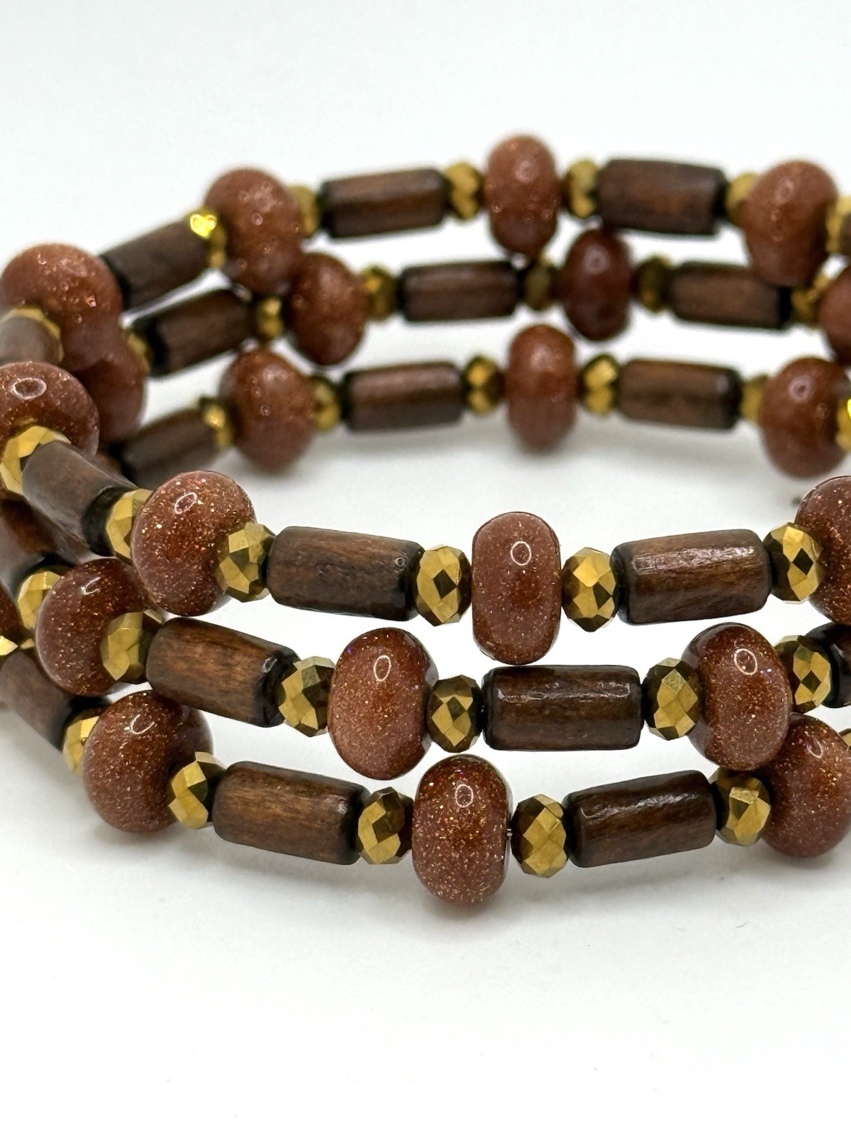 Vintage Bracelet Wood Goldstone Gemstone Wired Wrap Multi-strand Bohemian Boho