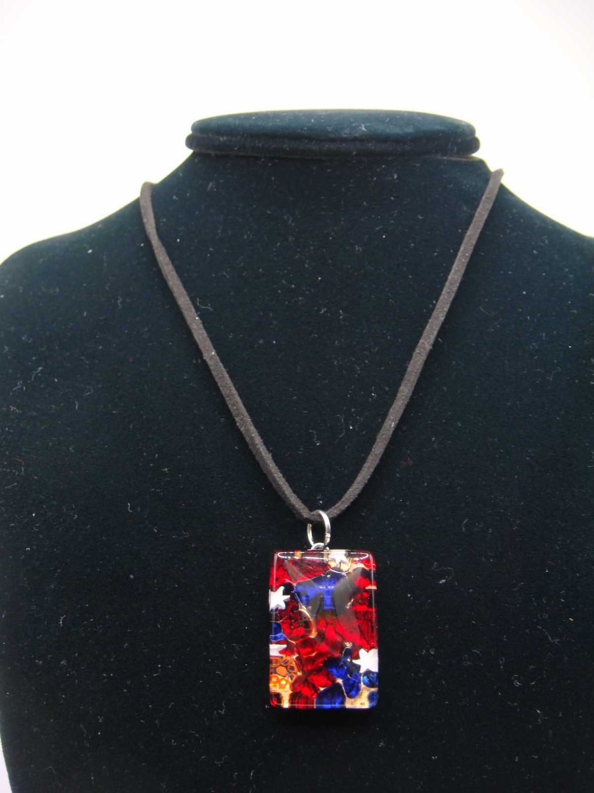 VINTAGE SIGNED MURANO GLASS RECTANGULAR PENDANT NECKLACE RED WHITE BLUE TONES